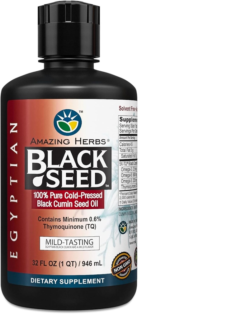 Verbazingwekkende Kruiden Egyptische Zwarte Zaadolie - Glutenvrij, Niet GGO, Koud geperst Nigella Sativa Aids in spijsverteringsgezondheid, Immuun Ondersteuning, Hersenfunctie, Mild smaak - 32 Fl Oz