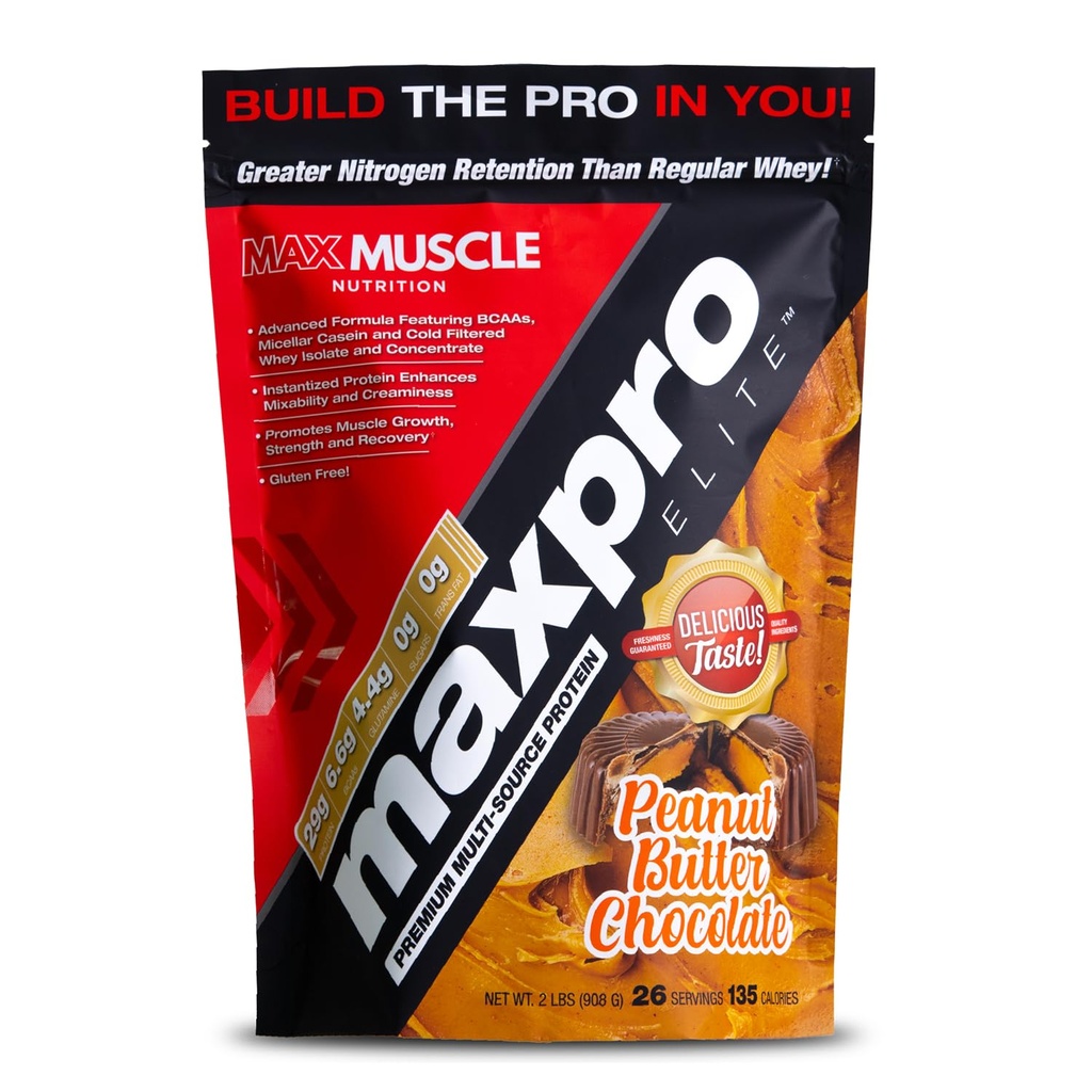 Max Muscle Maxpro Elite Whey Protein Powder | 30g Protein | 0g Sugar | 6.6g BCAAs | Micellar Casein Cold Filtered Whey Isolate Protein | Promotes Muscle Growth & Recovery (PB Chocolate, 2lb)