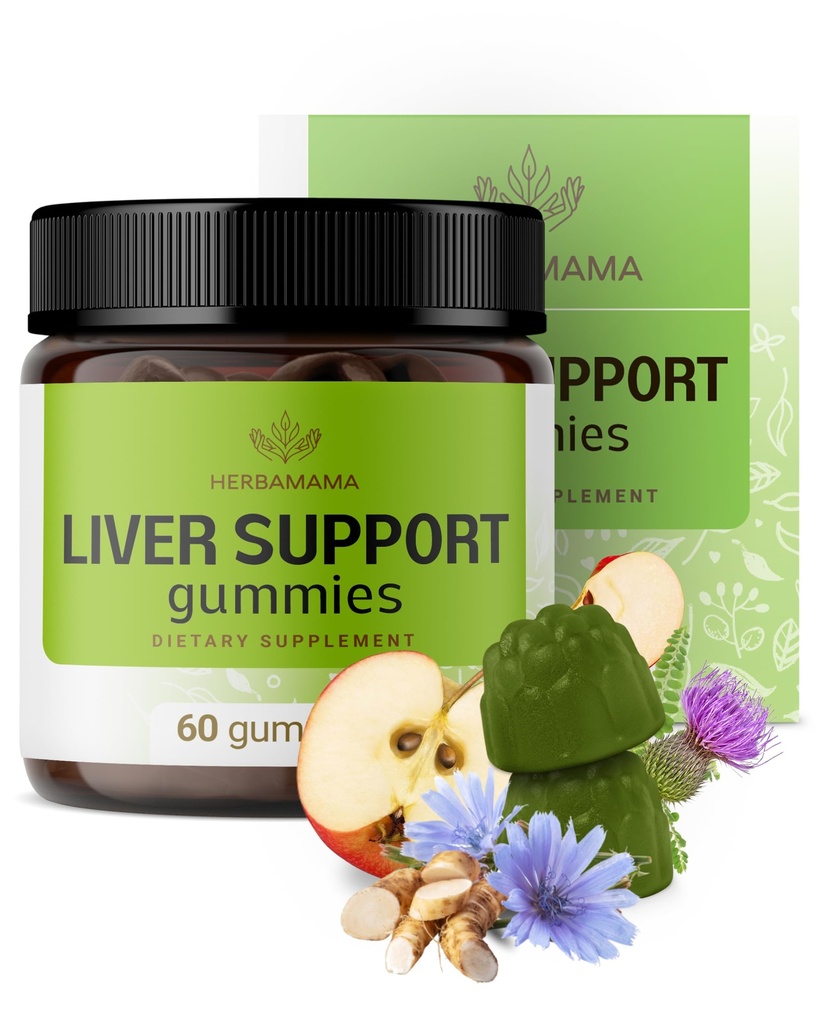 HERBAMAMA Lever ondersteuning Gummies - Herbal Complex voor lever detox en reiniging - Vegan, niet-GMO algemene ondersteuning supplement - 60 Pectin-based appel-smaak Kauwen