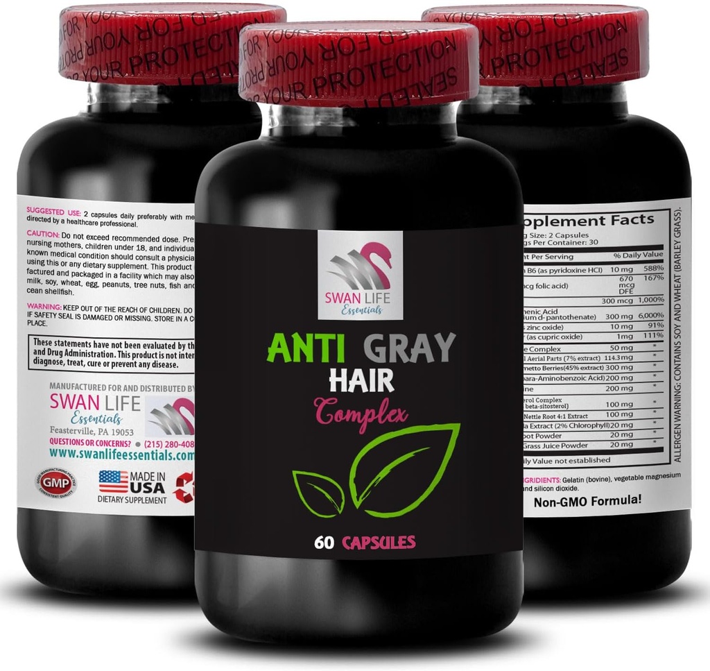 Anti grijs haar pillen - ANTI GRAY HAIR COMPLEX - grijs haar omkering, Kleur revival, Haar Toon, Kleur vitaliteit booster, Verse kleur, Anti grijs haar supplement, Haar transformatie 1 Fles 60 Capsules