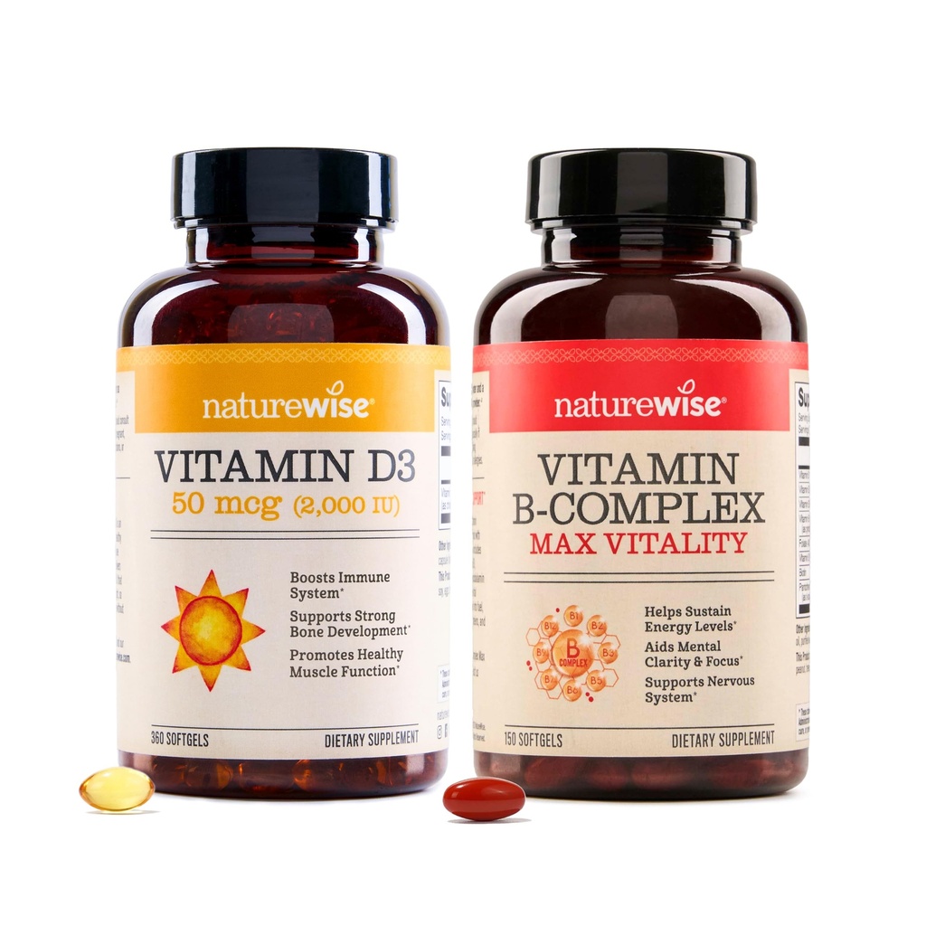 NatureWise Vitamine D3 2000iu 360 Comte et complexe de vitamine B 150 Softgels - Fonction musculaire saine, soutien immunitaire, énergie cellulaire, clarté mentale