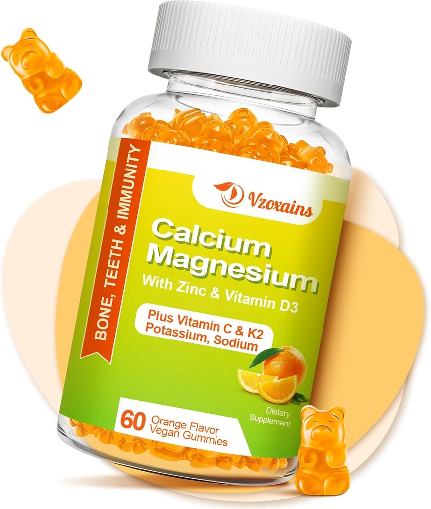 Hoge Absorptie Calcium Gummies, Suikervrij Calcium Magnesium Supplement met Kalium Vitamine D3 voor mannen en vrouwen - Vegan, Oranje smaak 60 Ct