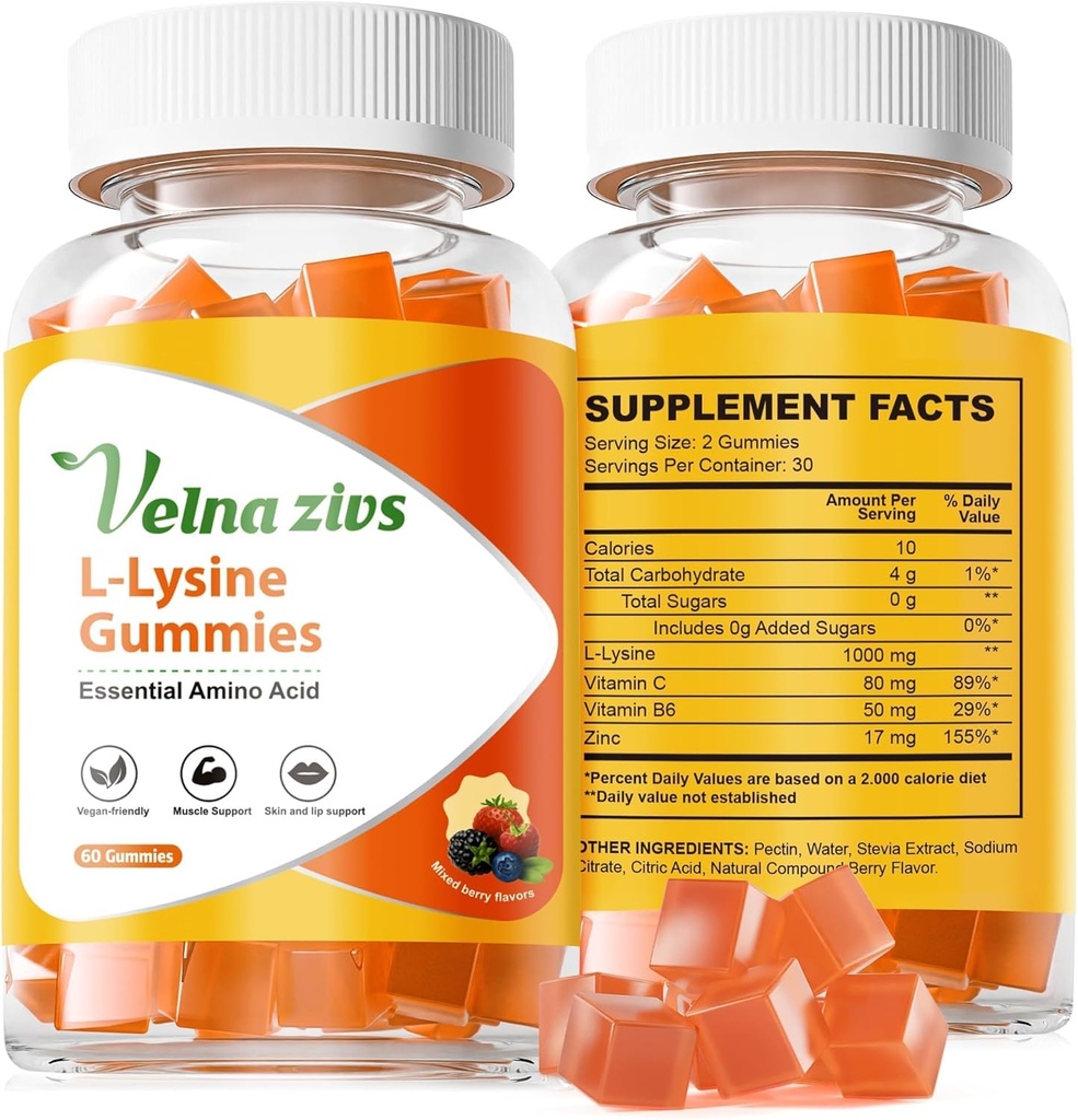 L-Lysine Gummies 1000mg, Kauwbare Lysine Supplementen voor Volwassenen, Suikervrije Lysine voor Cold Sore* Behandeling, Immune Ondersteuning met Vitamine, Huid en Lips Gezondheid*, Veganistisch, Niet GGO, 60 Telt