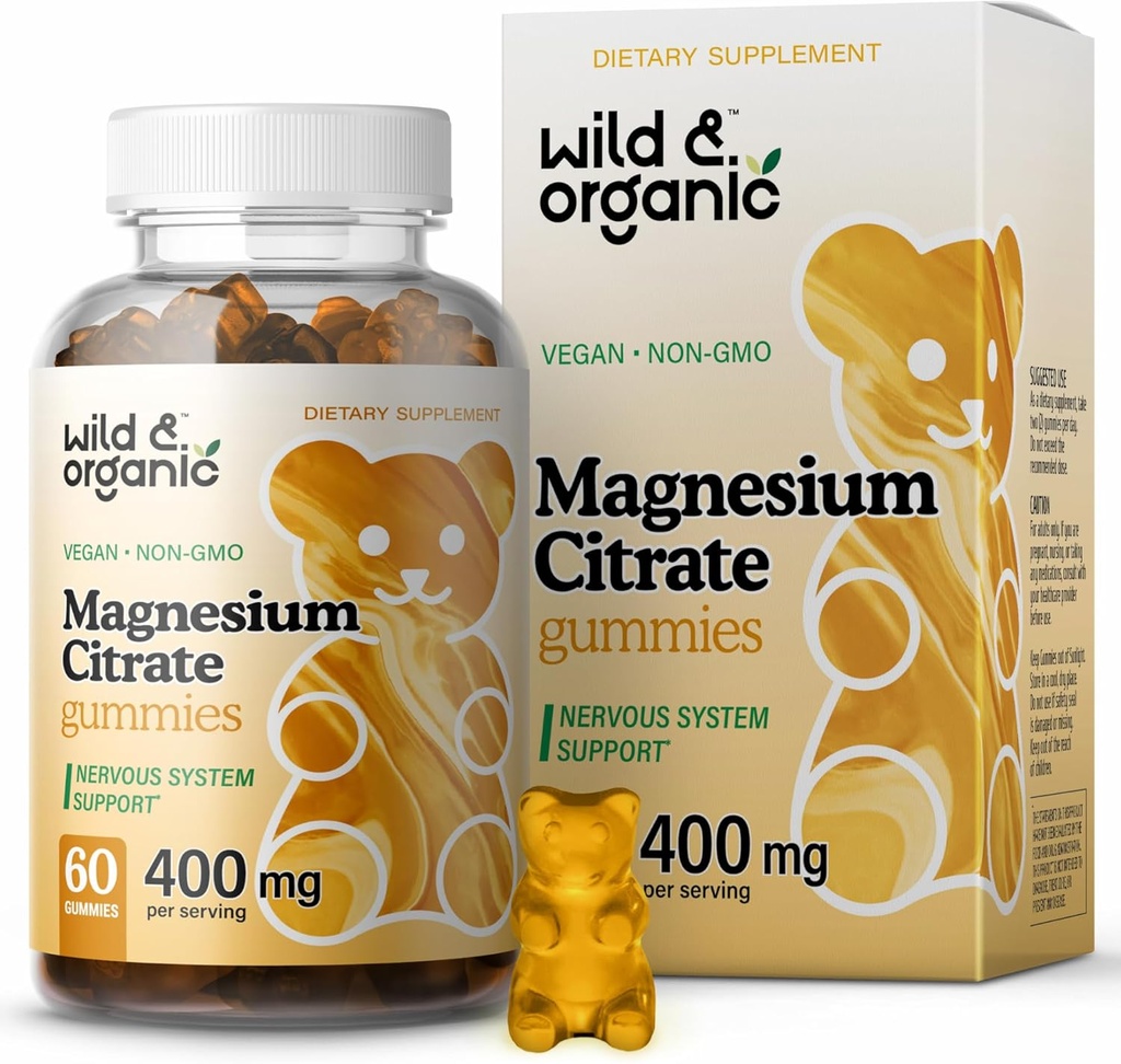 Wild & Organic Magnesium Citrate Gummies 400 mg - Ontspannende Kauwtabletten voor Kalm en Mood - Kalmerende Magnesium Citrate Supplement - 60 Vegan, Niet-GMO poeder gebaseerde Kauwen
