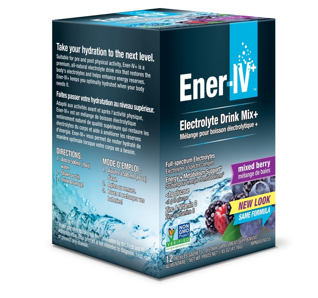 Ener-IV Electrolyte Hydratation et consommation d'énergie Potassium Vitamine C & Zinc Electrolytes Powder Packets - Récupération musculaire et immunité boissons sportives pour les femmes et les hommes Vegan faible sucre, Berry mixte - 12 Compte