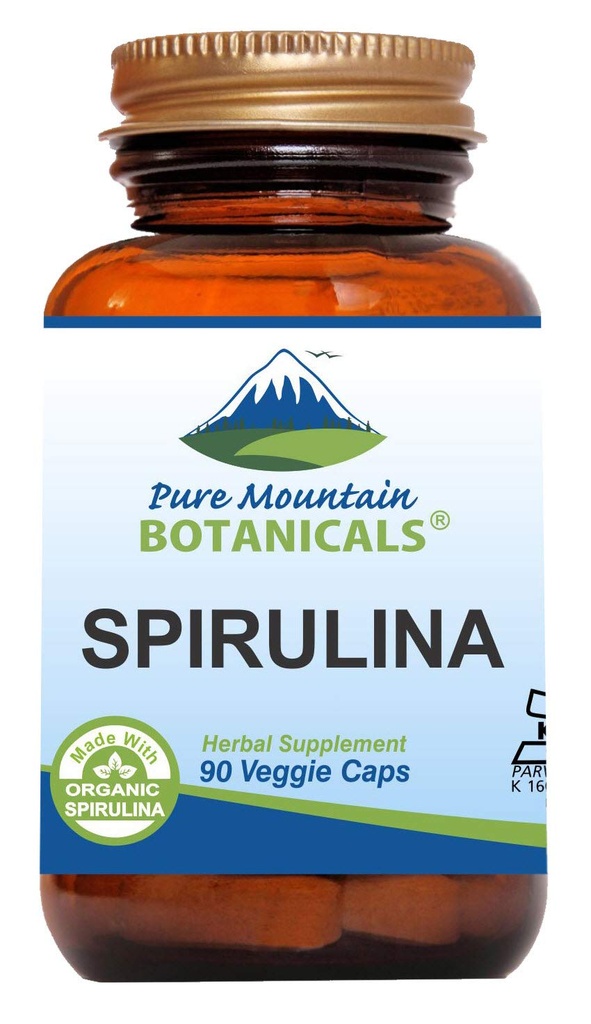 Pure Mountain Botanicals Spirulina Capsules - 90 Kosher Vegan Caps - Maintenant avec 450mg de poudre de Spiruline Biologique - Supplément Superfood de la Nature