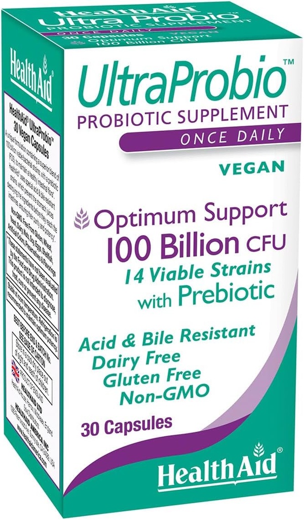 HealthAid UltraProbio, 100 miljard eenmaal daagse capsules, optimale ondersteuning, 100 miljard met prebiotica, zuur & bile resistent, niet-GMO