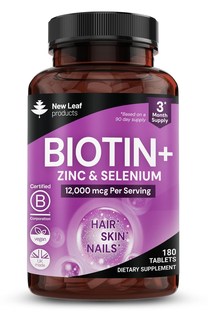 Biotine Vitamines de croissance des cheveux 12000mcg haute résistance avec l'huile de noix de coco - Promotion des cheveux sains peau et ongles - Biotine Vitamines pour les femmes et les hommes Vegan, Suppléments sans gluten - Fabriqué au Royaume-Uni par New Leaf