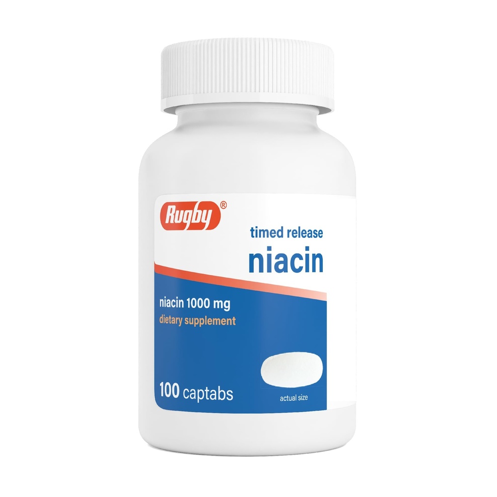 Rugby Timed-Release Niacin 1000mg Dieetsupplement voor volwassenen voor energie, circulatie en stofwisseling ondersteuning, 100 Captabs (verpakking van 1)
