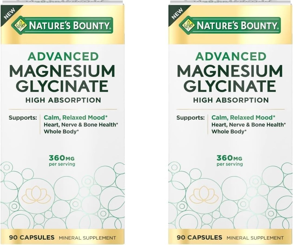 Nature's Bounty High Absorption Magnesium Glycinate, Supports a Calm & Relaxed Mood, Heart, Nerves, Muscle & Bone Health Support, 90 Capsules (Pack of 2)