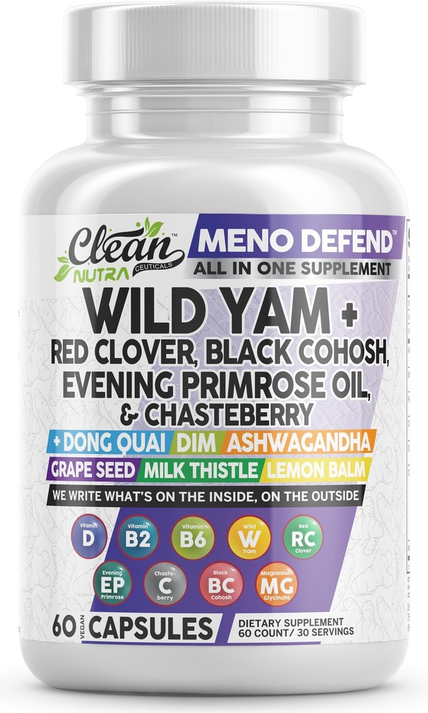 Clean Nutra Wild Yam Root Capsules met Red Clover Black Cohosh Avond Primrose Oil Chasteberry Dong Quai DIM Ashwagandha Grape Seed Extract Milk Thistle Lemon Balm en meer Hormone Balance voor vrouwen