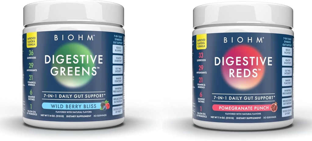BIOHM Essential Bundle, Digestief Rood en Groen, Superfood Powder, Antioxidanten, Vitaminen, Probiotica, Digestieve Gezondheid voor mannen en vrouwen, Digestie Supplement met Enzymen, 30 Digesties Elk
