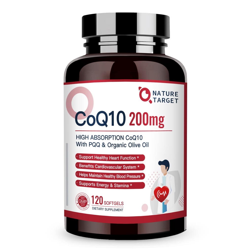 NATURE TARGET CoQ10-200mg-Softgels + PQQ met Organic-Olive-Oil - High Absorptie-Coenzyme-Q10 - Antioxidant-for-Heart-Health and Immune Support, Energy Production, 120 Servings