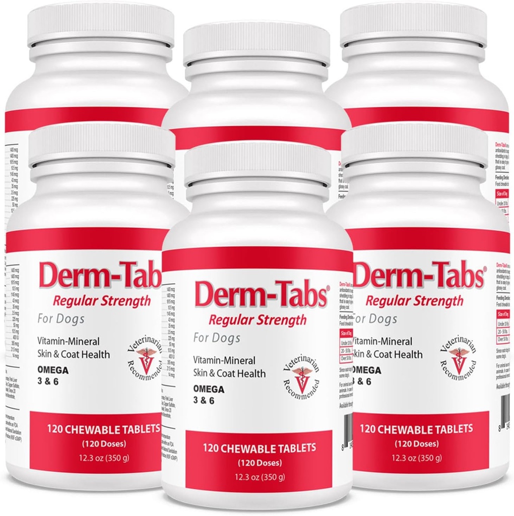 Derm Tabs Regelmatige sterkte voor honden - Natuurlijke olie, vitamines, mineralen, en antioxidanten - Ondersteuning gezonde huid en vermindering vergieten - 720 Kauwtabletten