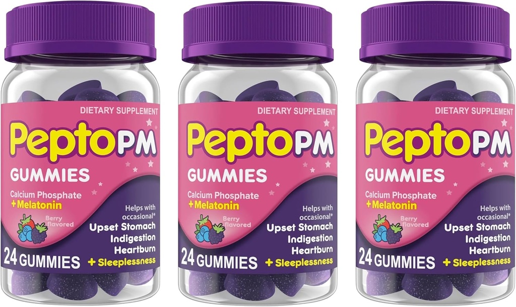 Pepto PM Gommies avec Melatonine pour le soutien du sommeil, un soulagement digestif rapide et efficace des brûlures d'estomac, de l'indigestion, de l'estomac et de l'insomnie - Berry Flavor, 24 Ct (paquet de 3)