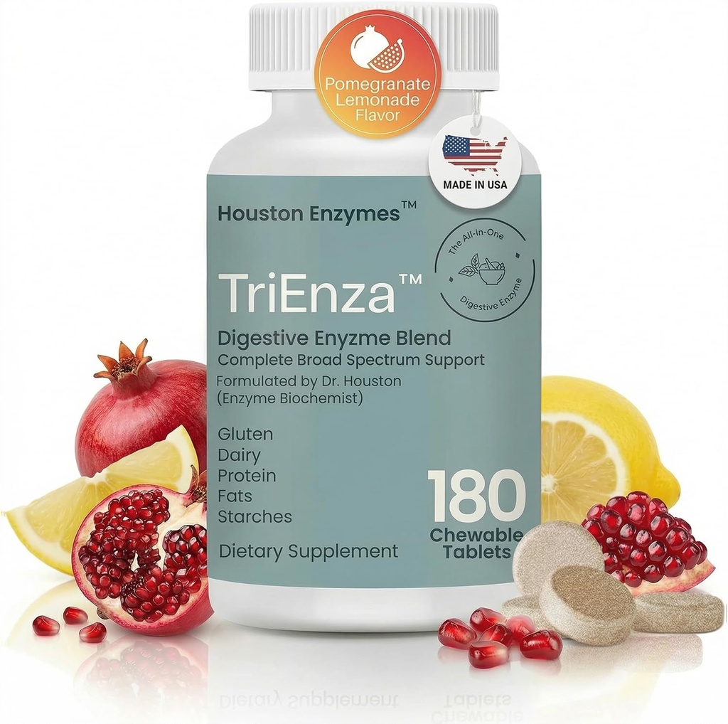 Houston Enzymes TriEnza - Supplément enzymatique digestif pour le gluten, la caséine, le soja, les protéines, les glucides, les graisses et les polyphénols - Enzymes digestifs pour les femmes et les hommes (180 comprimés à croquer)