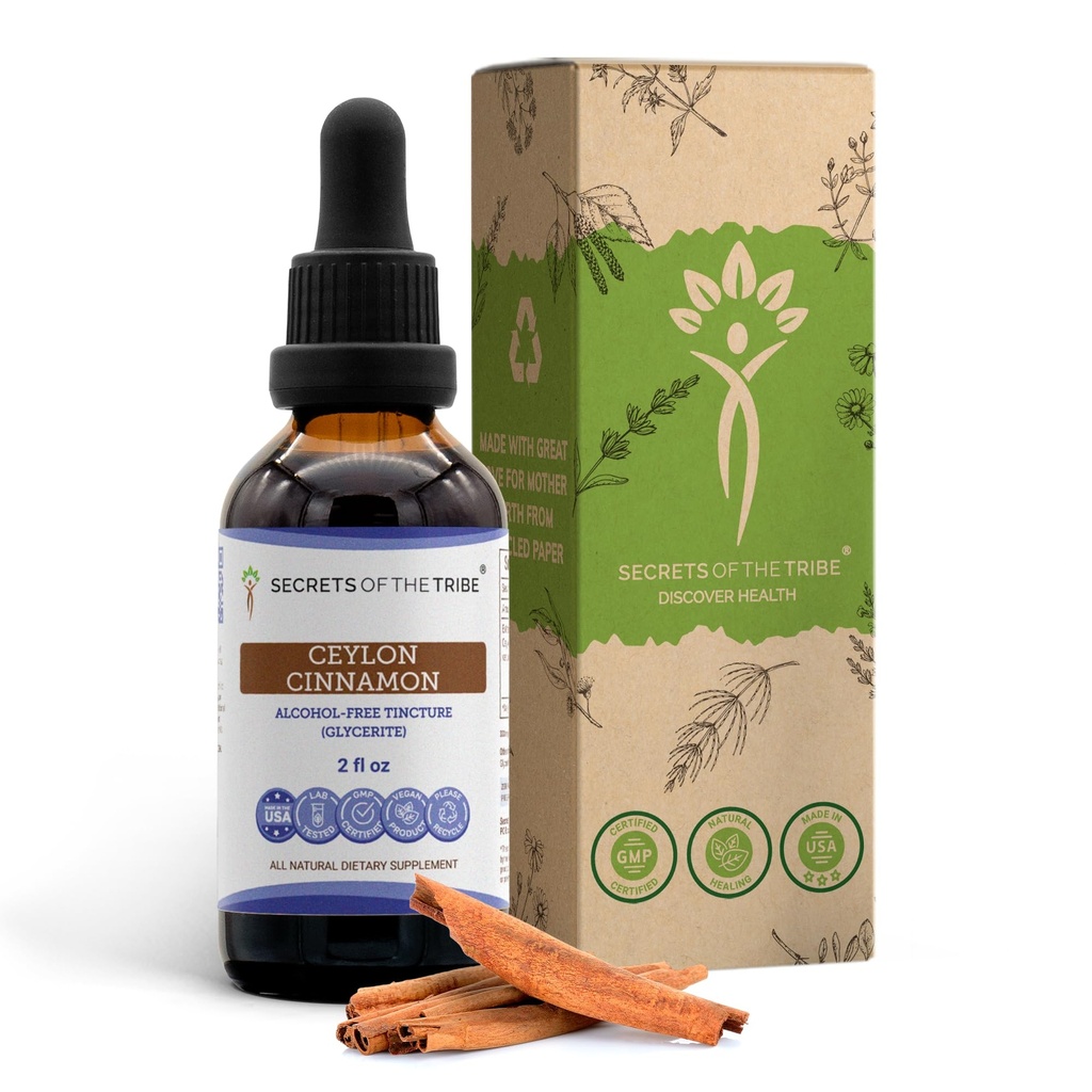 Secrets de la Tribe Ceylan Teinture de cannelle Extrait liquide sans alcool, Ceylan Cinnamon (Cinnamomum Verum) Barque séchée (2 FL OZ)