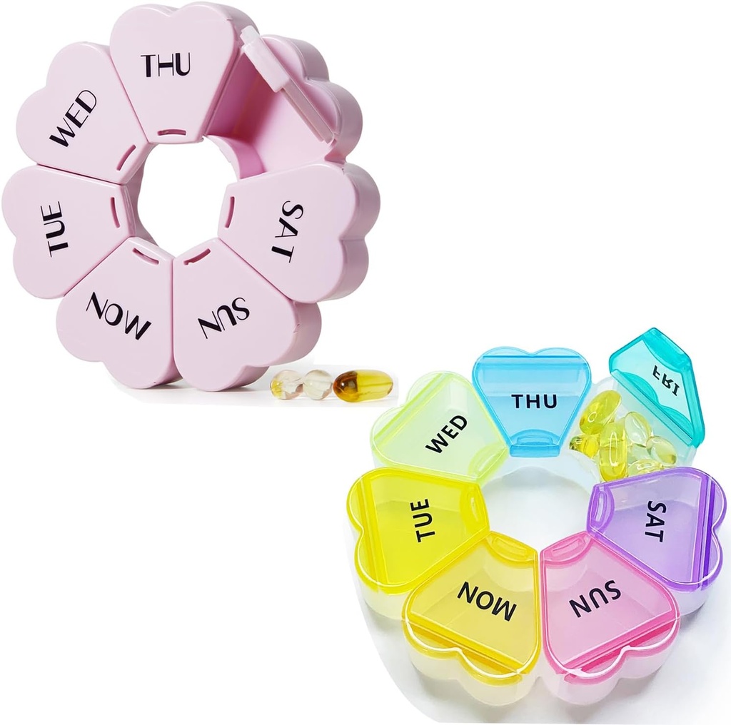 MOLN HYMY Leuke Weekly Pill Box 7 Dag, Hart Gevormde Pill Case Organizer 1 keer per dag, Paarse Pink Pill Container Eenmaal daags, Grote Medicine Dispenser voor Vitamine/Visolie / Medicatie/Suplements