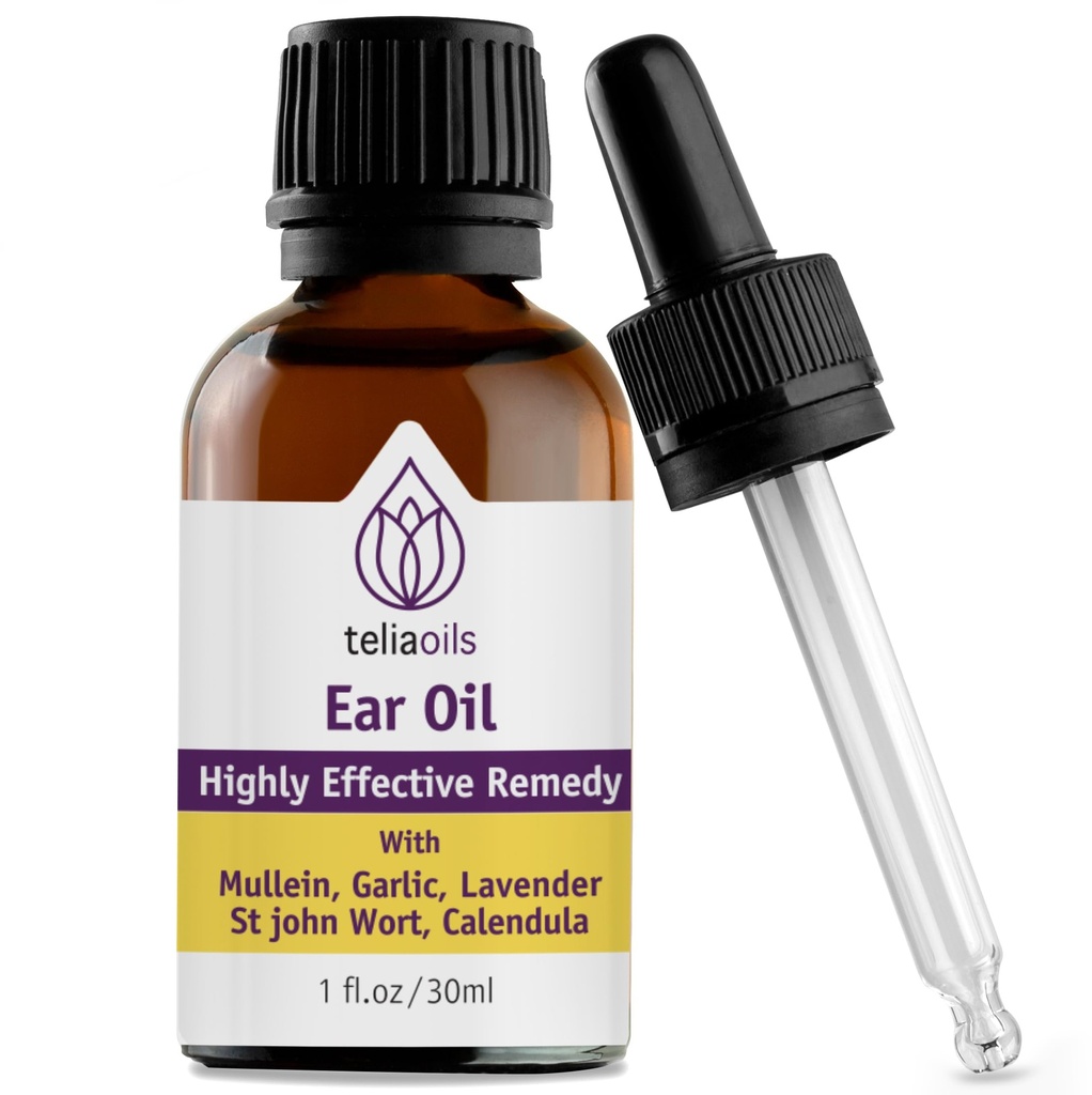 Teliaoils Natuurlijke oordruppels Essentiële olie met Knoflook en Mullein - Herbal Ear Oil Rememy for Easy Earwax Removal, Discomfort & Ringing Relief - Natural Soothing, Deep Cleansing Properties - 1 oz.