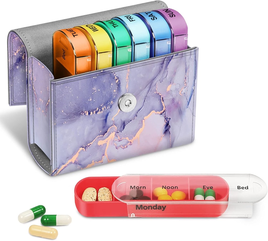 FINPAC Weekly pil Organizers 4 keer per dag, schuif Open PU lederen geval Travel Pill Vitamine Geneeskunde Herinnering en Planner met Naamkaart voor de ochtend