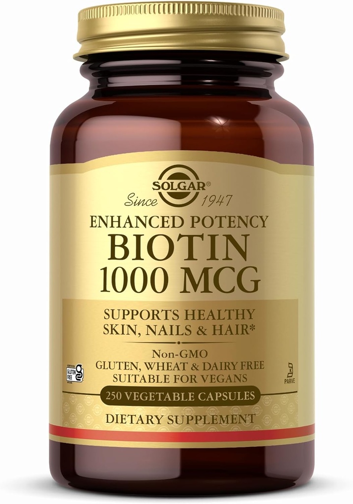 Solgar Biotin 1000 mcg - 250 Vegetable Capsules - Supports Healthy Skin, Nails & Hair - Non-GMO, Vegan, Gluten Free, Dairy Free, Kosher - 250 Servings