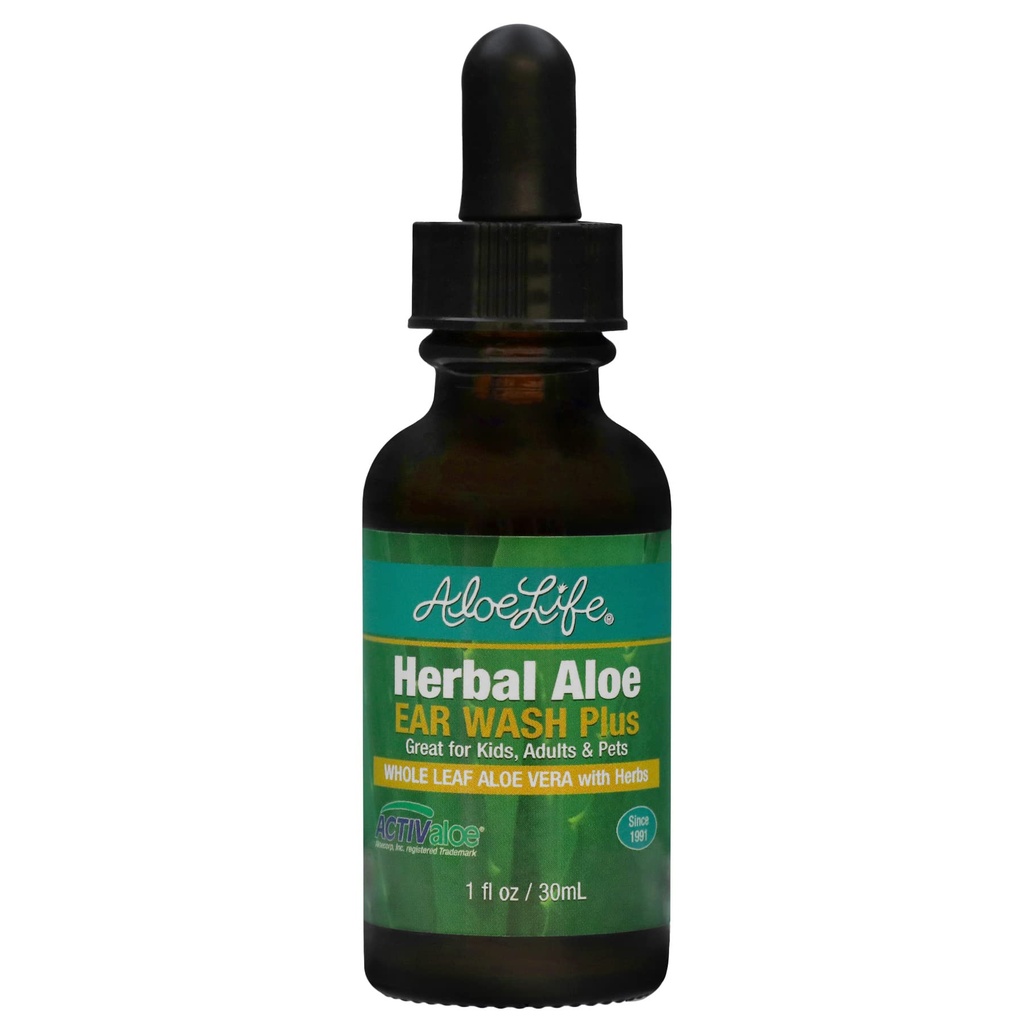 Aloe Life - Herbal Aloe Ear Wash Plus, offre un soulagement apaisant pour les irritations de l'oreille, Swimmer, Ear, Discomfort & Itchy Ears, Aloe Vera feuille entière avec des herbes, sans danger pour les animaux, comprend goutte à goutte (1 oz)
