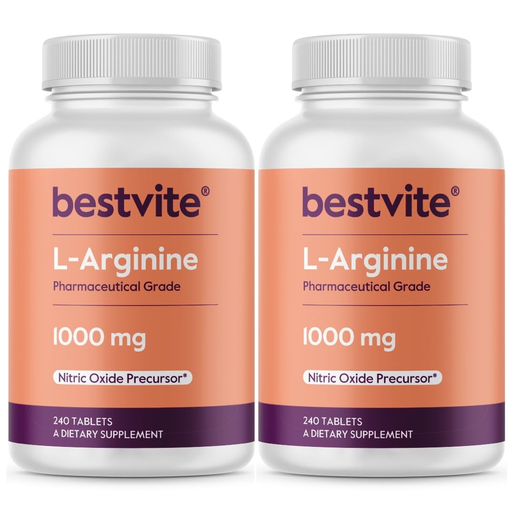 BESTVITE L-Arginine 1000mg par comprimé (480 comprimés) (240 x 2) – Classe pharmaceutique – Contient 20% Plus d'arginine pure par rapport à l'arginine HCl – Précurseur à oxyde nitrique*