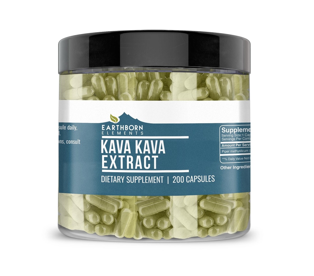 Éléments terriens Extrait de kava kava, 200 capsules, pur et non dilué, sans additifs