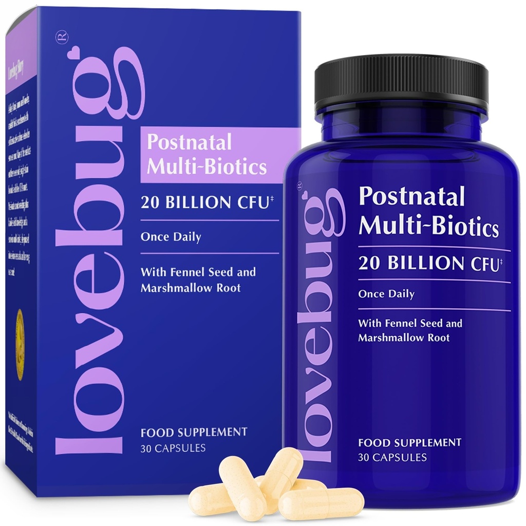 Lovebug Probiotiques postnatals - 20 milliards d'UCF Multi souche pour l'allaitement - avec Fenugreek, Thistle de lait et fenouil, soutient le lait maternel et la santé des goélands, essentiels postpartum, 30 capsules