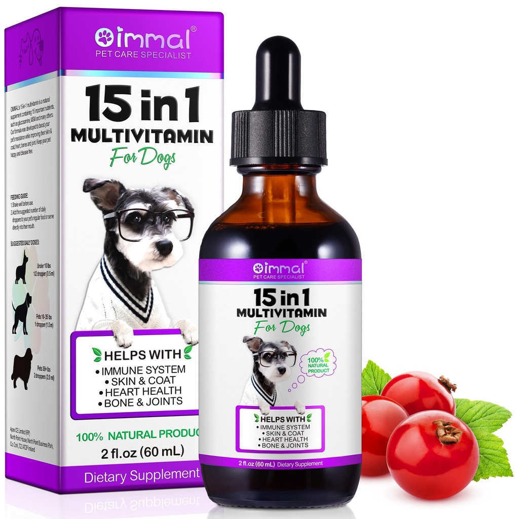 15 in 1 Honden Multivitamine, All-in-One Multi Liquid Multivitamine voor honden, hondenvitaminen en Supplement met Digestief, Immuniteit, Allergie Skin & Coat Support, Hip & Joint, All Ages, Ras 2 oz