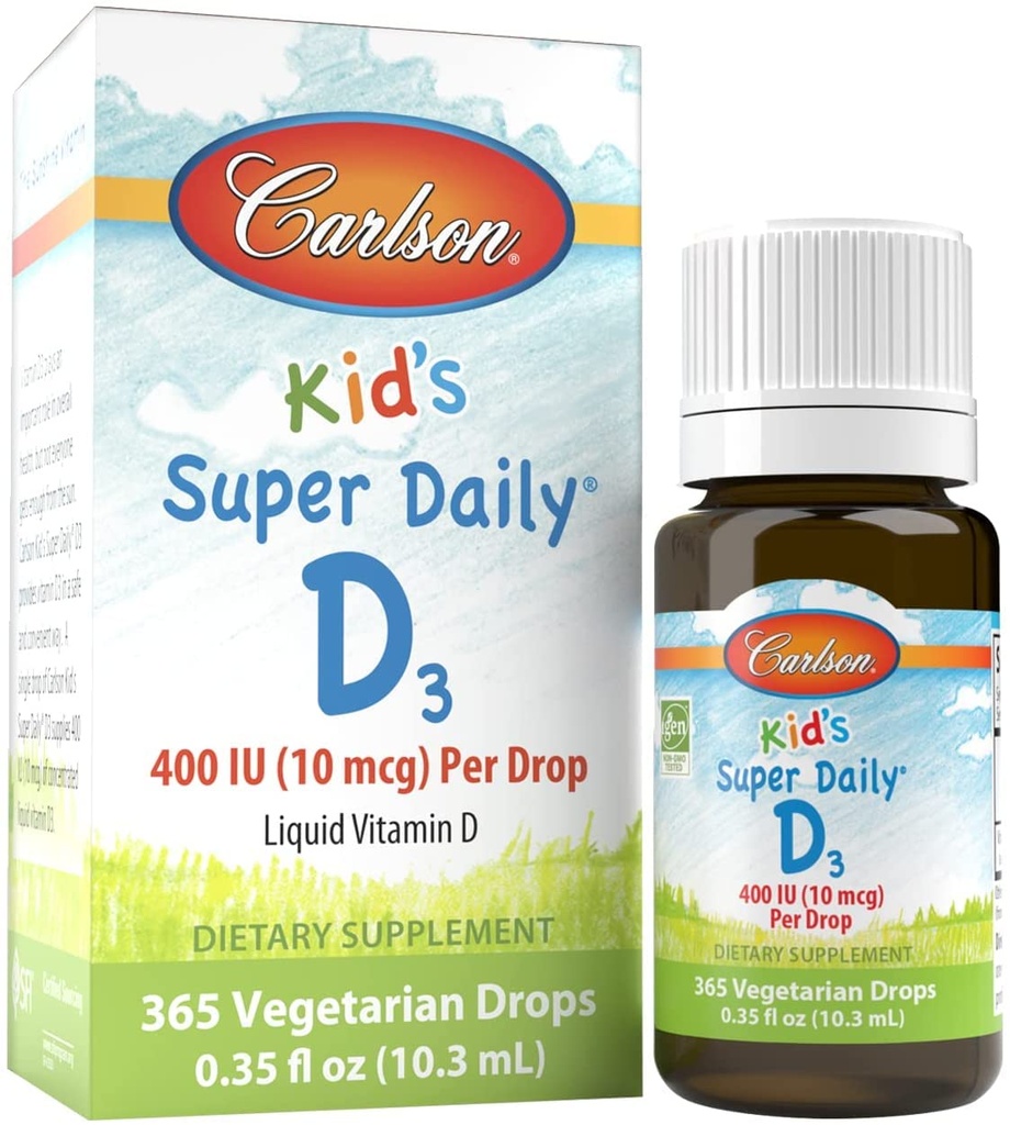 Carlson - Kid's Super Daily D3, Vitamine Drops for Kids, 400 IE per druppel, 1-jaar supply, Heart & Immune Health, Vegetarische, Liquid Vitamin Drops, Unflavored, 365 druppels
