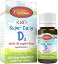 Carlson - Super Daily D3, gouttes de vitamine D pour les enfants, 400 UI par goutte, 1 an d'approvisionnement, Santé du coeur et de l'igname, Végétarien, gouttes de vitamine D liquide, décoloré, 365 gouttes