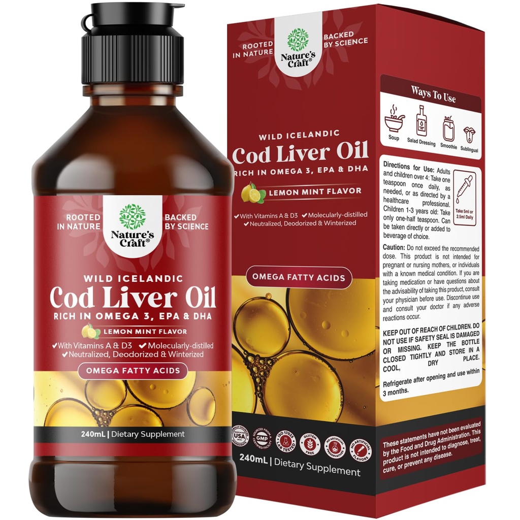 IJslandse Wild Caught Cod Liver Oil Liquid - Fish Oil Drops with Omega 3, EPA, DHA, Vitamine D & A - Liquid Cod Liver Supplement for Heart, Joint, Brain & Immune Support - 240 ml (8 Ounce)