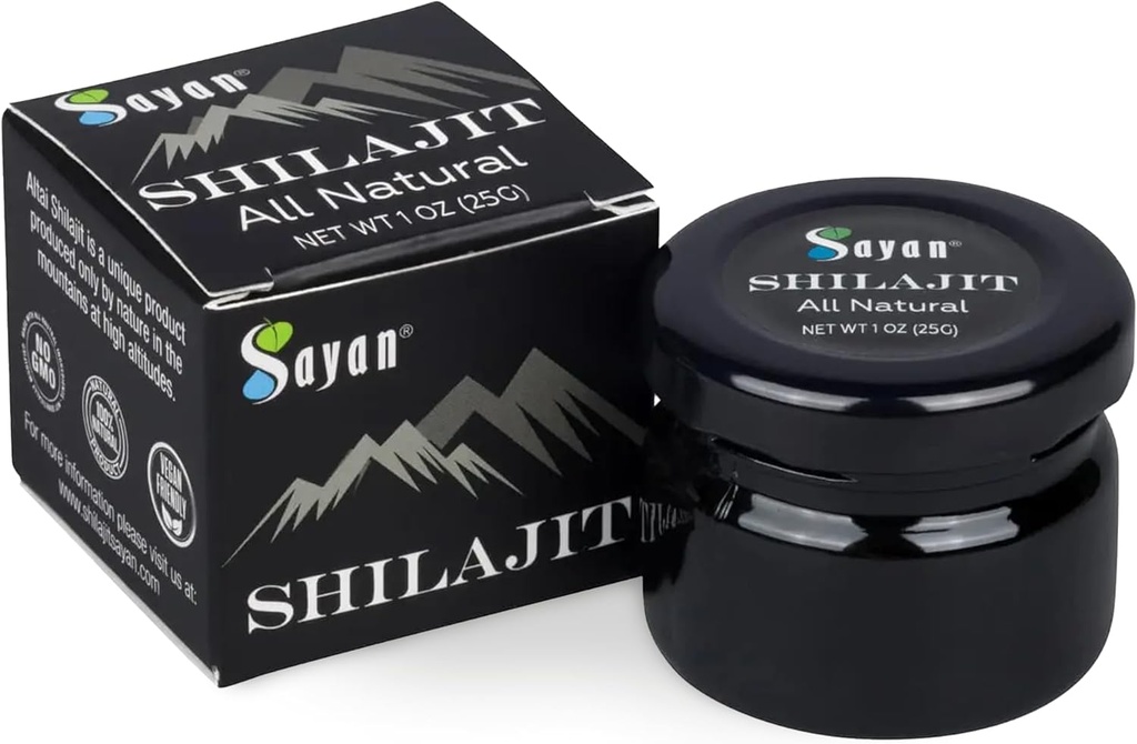 Sayan Pure Shilajit Resin 1oz/25g, Glass Jar, 250 Servings - Krachtig Organisch Fulvic Acid Supplement - Ondersteunt Immune System, Geheugen, Focus, en Biedt Natuurlijke Energie, Detox - Vegan, Non-GMO