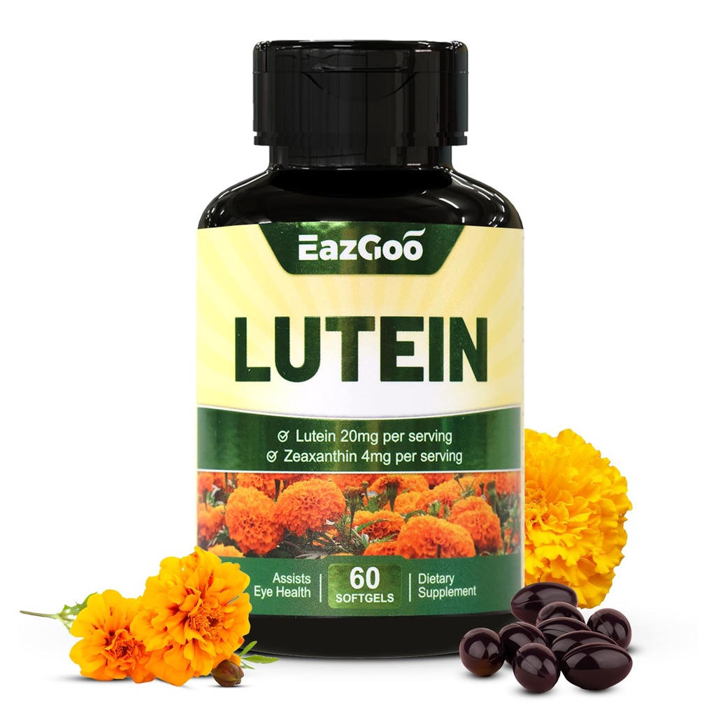 Lutéine pour Yeux, Lutéin 20mg, Suppléments Lutéin et Zeaxanthin, Suppléments pour Yeux, Relief des Eyeux & Soutien Vision Santé, Vegan, 60 Softgels