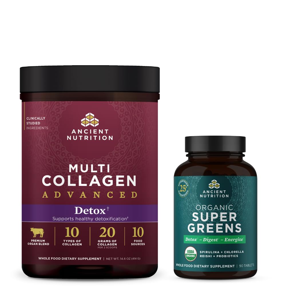 Oude voeding Multi Collageen Advanced Powder Cleanse & Detox, Unflavored, 36 Servings + Biologische Super Greens Tablet 90 Tel.