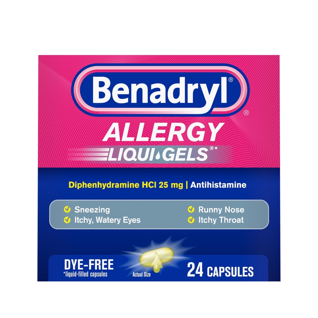 Benadryl Liqui-Gels Allergie Geneeskunde, Dye-Free Liquid Gel Capsules met 25 mg difenhydramine HCl Antihistamine voor Verlichting van Allergie en Koude Symptomen zoals Runny Nose & Sneezing, 24 st.