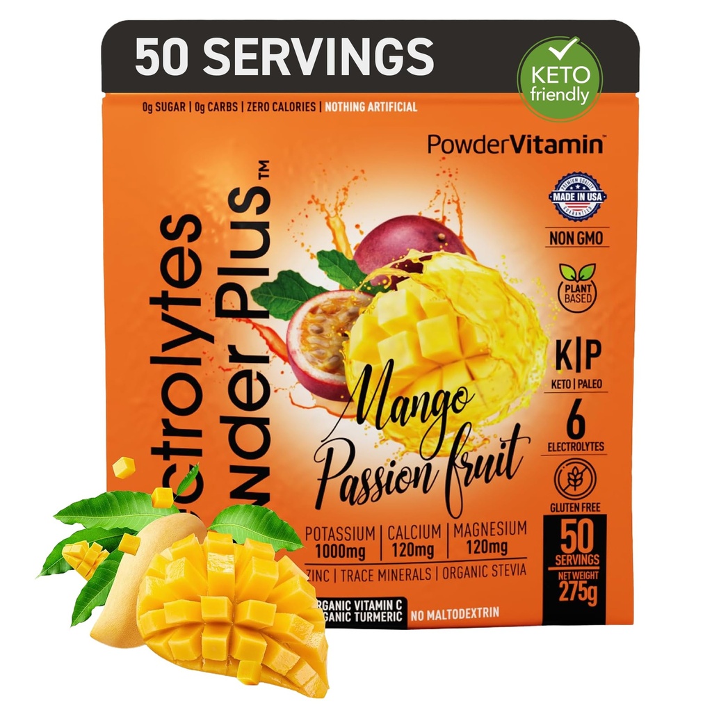 PowderVitamin Electrolytes Powder Plus (50 Servings) Mango Passionfruit Electrolyte Powder Zero Calorie Keto, 0 Sugar, No Maltodextrin,1000mg Potassium,120mg Calcium,120mg Magnesium, Hydration Powder