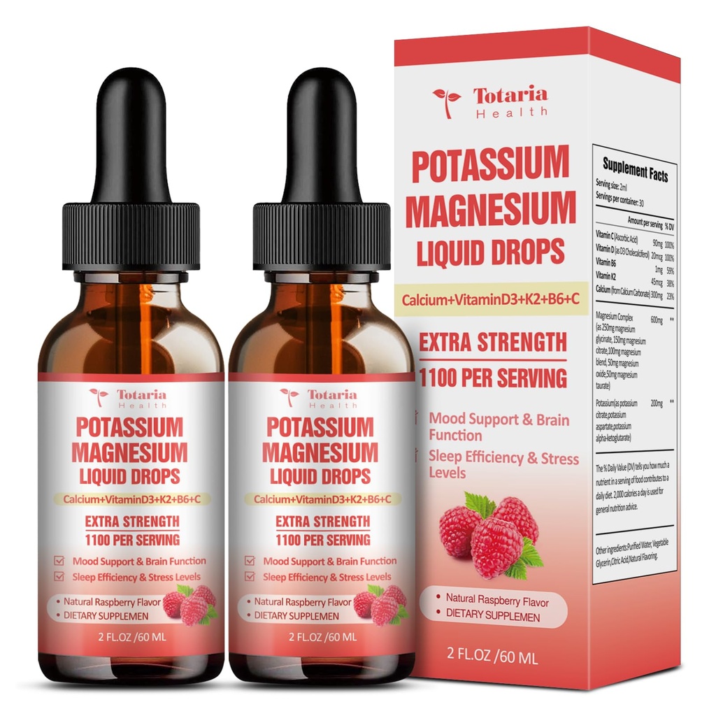 Kalium Magnesium Supplement Liquid Drops - Hoge Absorptie Kalium Supplement met Magnesium, Calcium, Vitamine D3 K2, Vegan, Non-GMO Potasio Ondersteuning Beenkrampen, Bot, Spier - 4 Fl oz