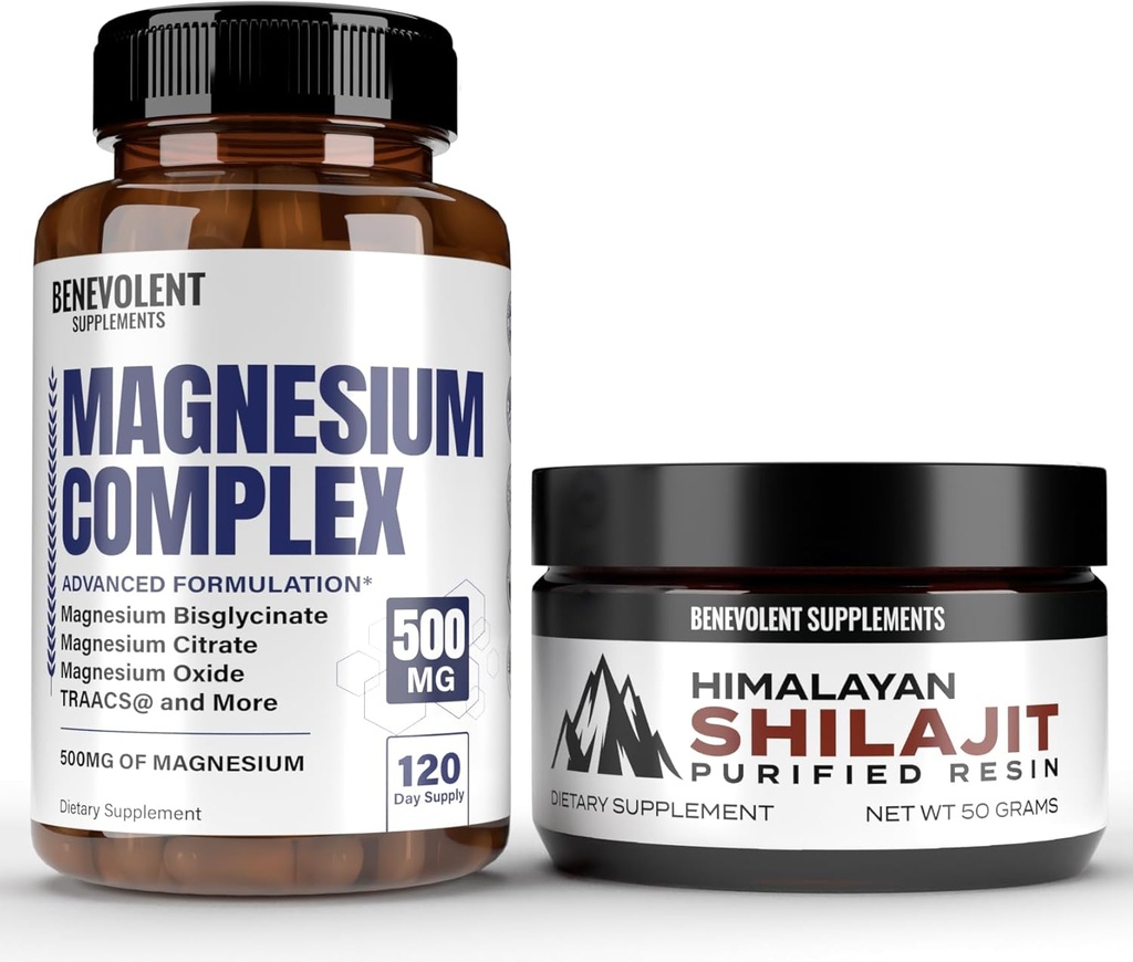 Magnesium Complex met 5 beste vormen & Himalaya Shilajit Resin - 4 maanden levering van 500mg Magnesium Glycinate, Oxide, Taurate, Chelate, Magnesium Citrate - 85+ Trace Minerals for Energy