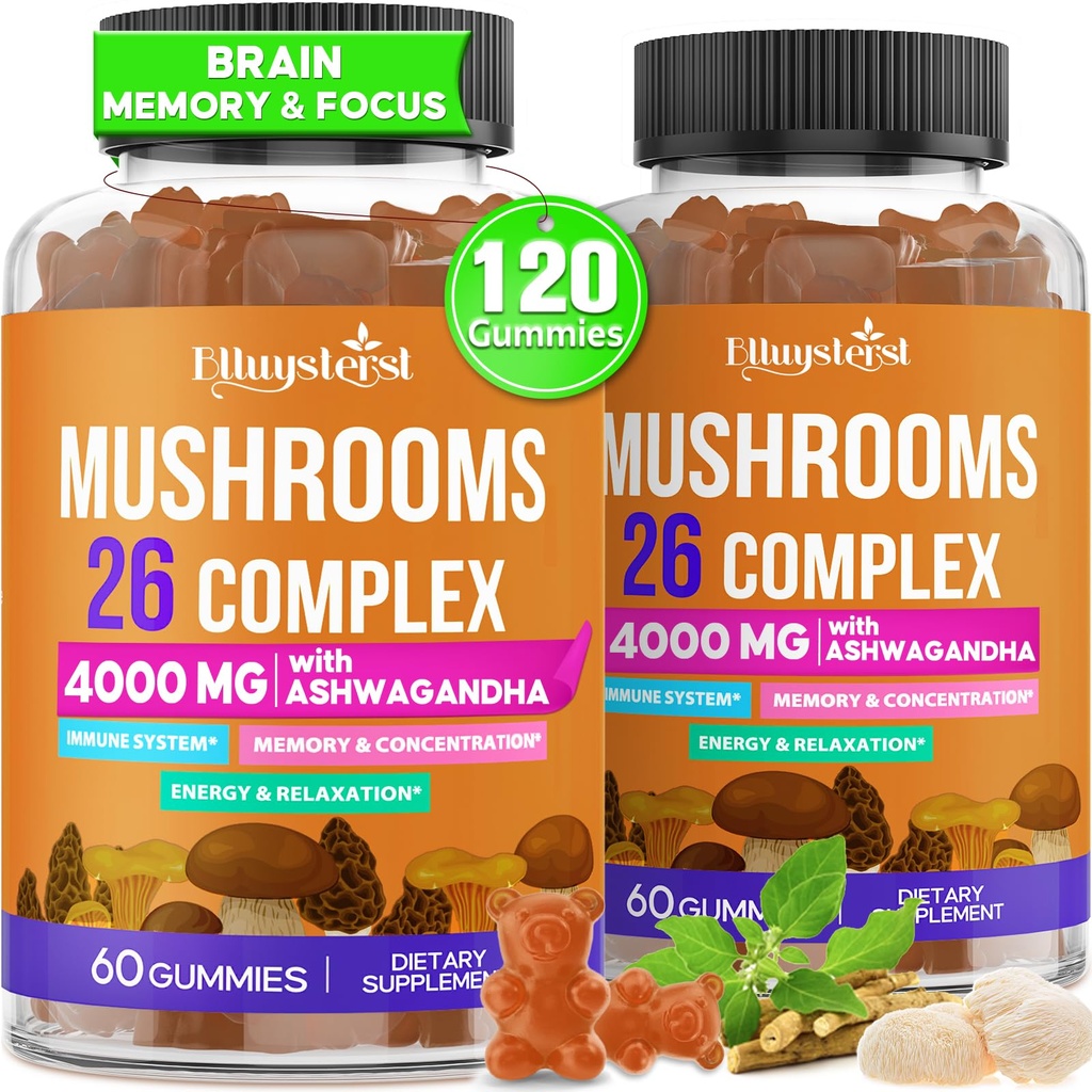 Paddestoel Gummies voor Volwassenen 4000mg, Hersensupplementen voor Geheugen en Focus, 26 in 1 Paddestoel Supplement Complex met Ashwagandha & Lion's Mane, Turkije Tail, Reishi, Cordyceps, Biologische, 120 Tellen