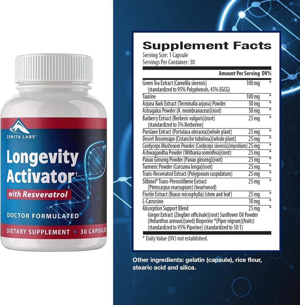 Zenith Labs Longevity Activator Anti-Aging Supplément diététique, Antioxydants naturels avec resvératrol - Soutient la fonction immunitaire et la mémoire saine, 3 Pack
