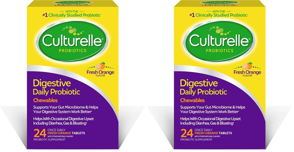 Culturelle Digestive Health Daily Probiotic-Chewables,Probiotic For Men & Women,most Clinically Studed Probiotic-Strain,10 Miljard CFUs,Supports Occasional Diarree,Gas,Bloating, 24 Count (Pack of 2)