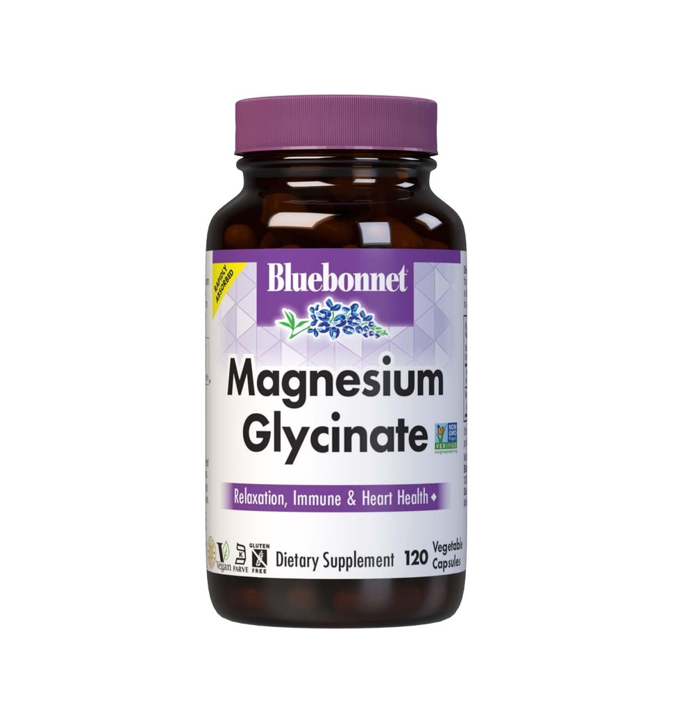 Bluebonnet Nutrition Glycinate de magnésium 400mg Absorption maximale Complexe minéral soutient la production d'énergie et la fonction enzymatique - Non-OGM, sans soja, sans gluten - 120 Capsules de légumes