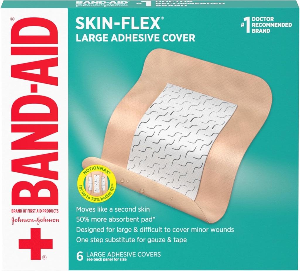 Band-Aid Merk Skin-Flex Kleefstof Flexibele Wondhoesjes voor Eerste Hulp Wondverzorging van Minor Cuts, Scrapes & Burns, met een comfortabel gevoel, Bewegen als een tweede huid, Steriel, Groot, 6 ct
