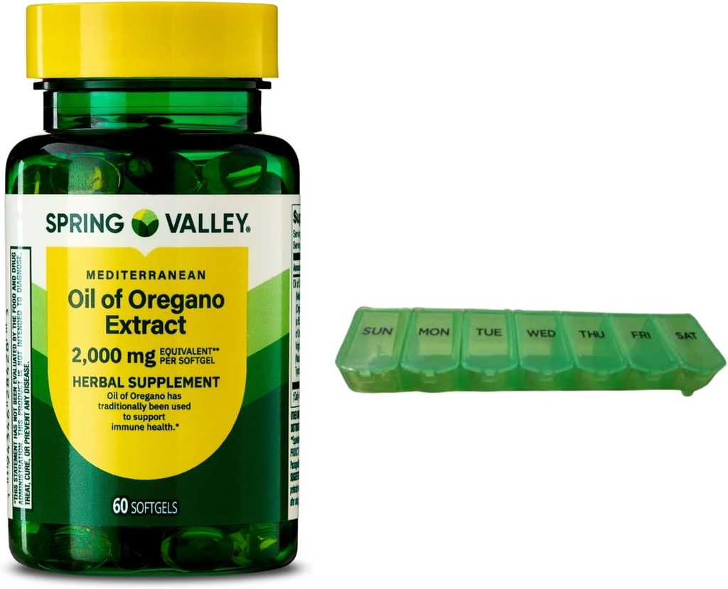 Spring Valley Mediterranean Oil of Oregano 2000 mg 60 Softgels pour la santé immunitaire avec organisateur de pilules
