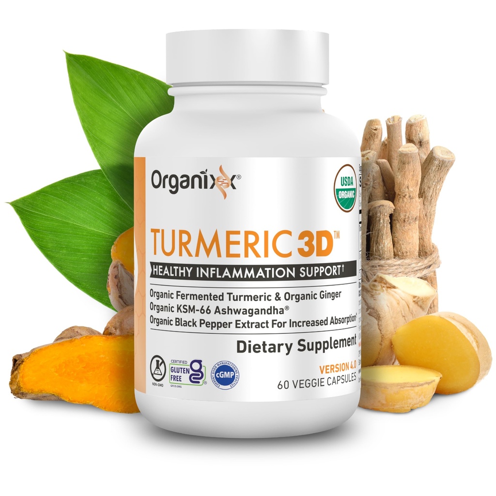 Organixx USDA Organic Turmeric Curcumin Supplement with Ashwagandha, Turmeric & Ginger . Immune & Joint Support, Fermented for Maximum Bio availability, 60 Vegetarian Capsules
