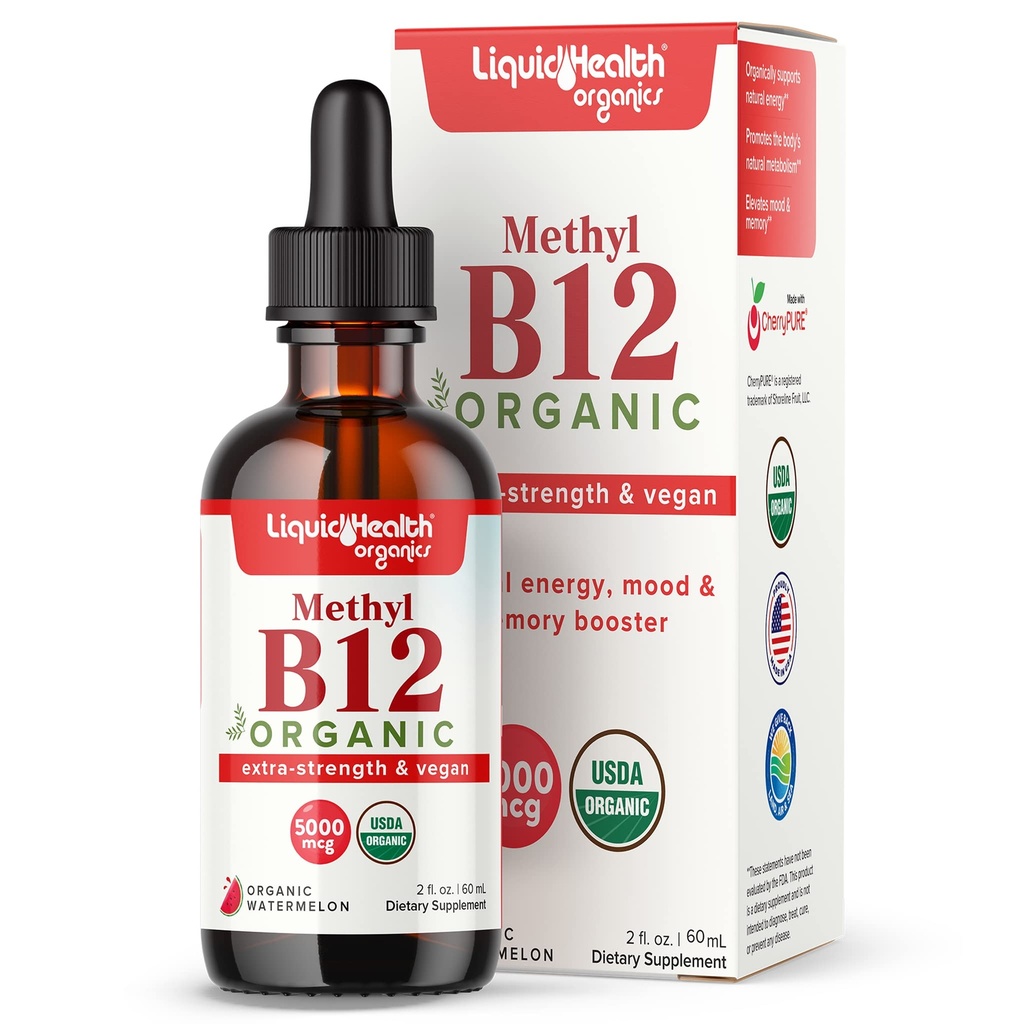 LIQUIDHEALTH USDA Méthyl Vitamine biologique B12 méthylcobalamine gouttes liquides avec jus de cerise de tart - Boost Energy, Immune Support, Amélior Memory & Concentration - USA Made, Vegan, Non-OGM (2 oz)