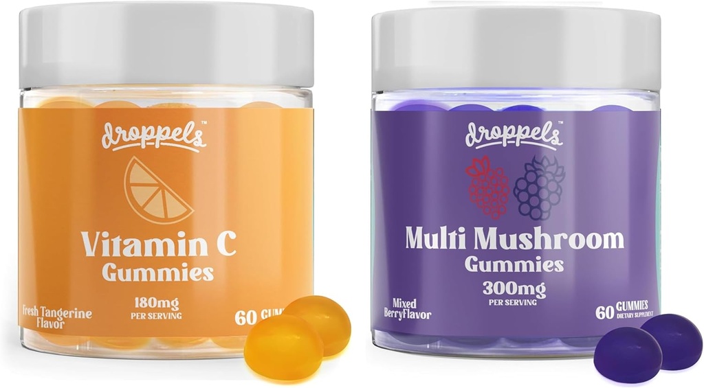 Droppels Multi Mushroom & Vitamin C Gummies Bundle | Vegan Immune Support Supplement | Mushroom Extracts with Reishi, Lion’s Mane, Chaga & More + 180mg Vitamin C | Mixed Berries & Tangerine Flavors, 2