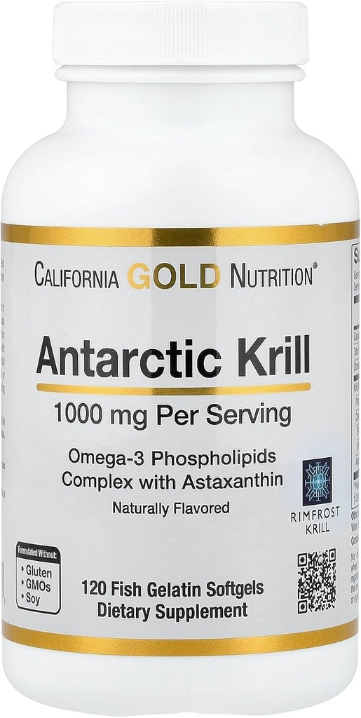 Californië Gold Nutrition Antarctische Krillolie, Omega-3 Fosfolipiden met natuurlijk voorkomende astaxanthine, natuurlijke aardbeien & citroensmaak, niet GGO, 1000 mg, 120 visgelatine Softgels